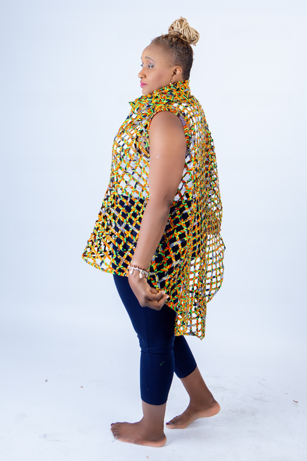 Berta Yellow Woven Asymmetrical Collared Sleeveless Kimono - Image 4