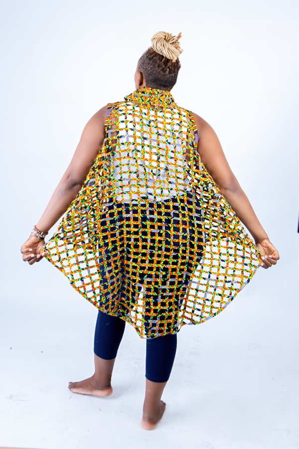 Berta Yellow Woven Asymmetrical Collared Sleeveless Kimono - Image 5