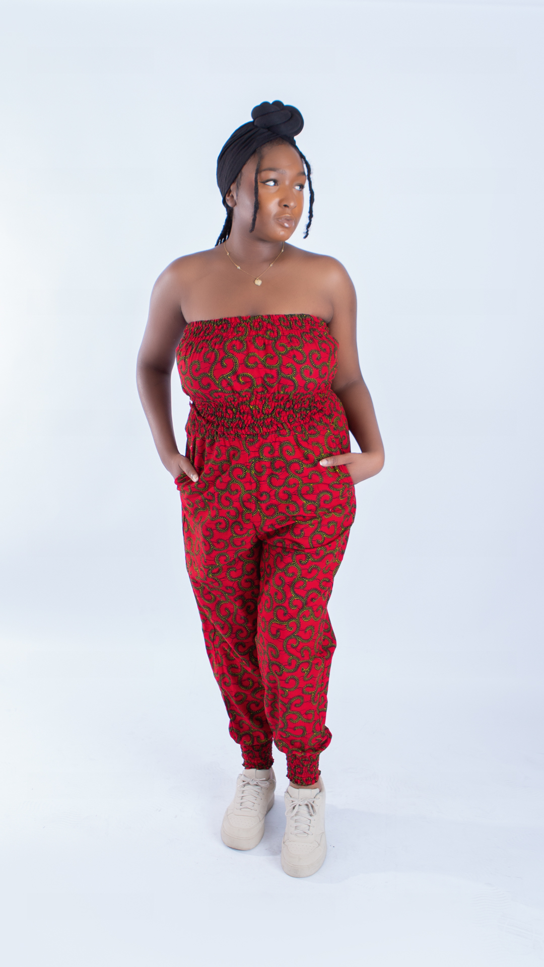 Merci Red Vine Ankara Print Bandeau and Puff Trouser Set