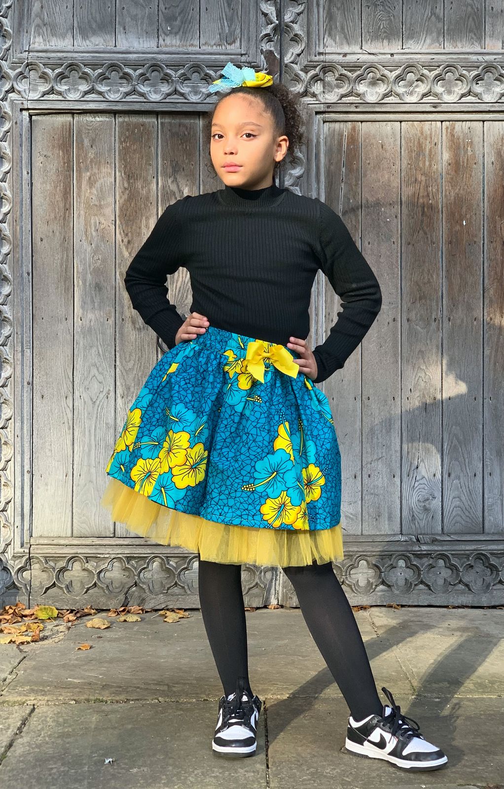 Beautiful Bola Blue Floral Ankara Kids Bow & Skirt Set