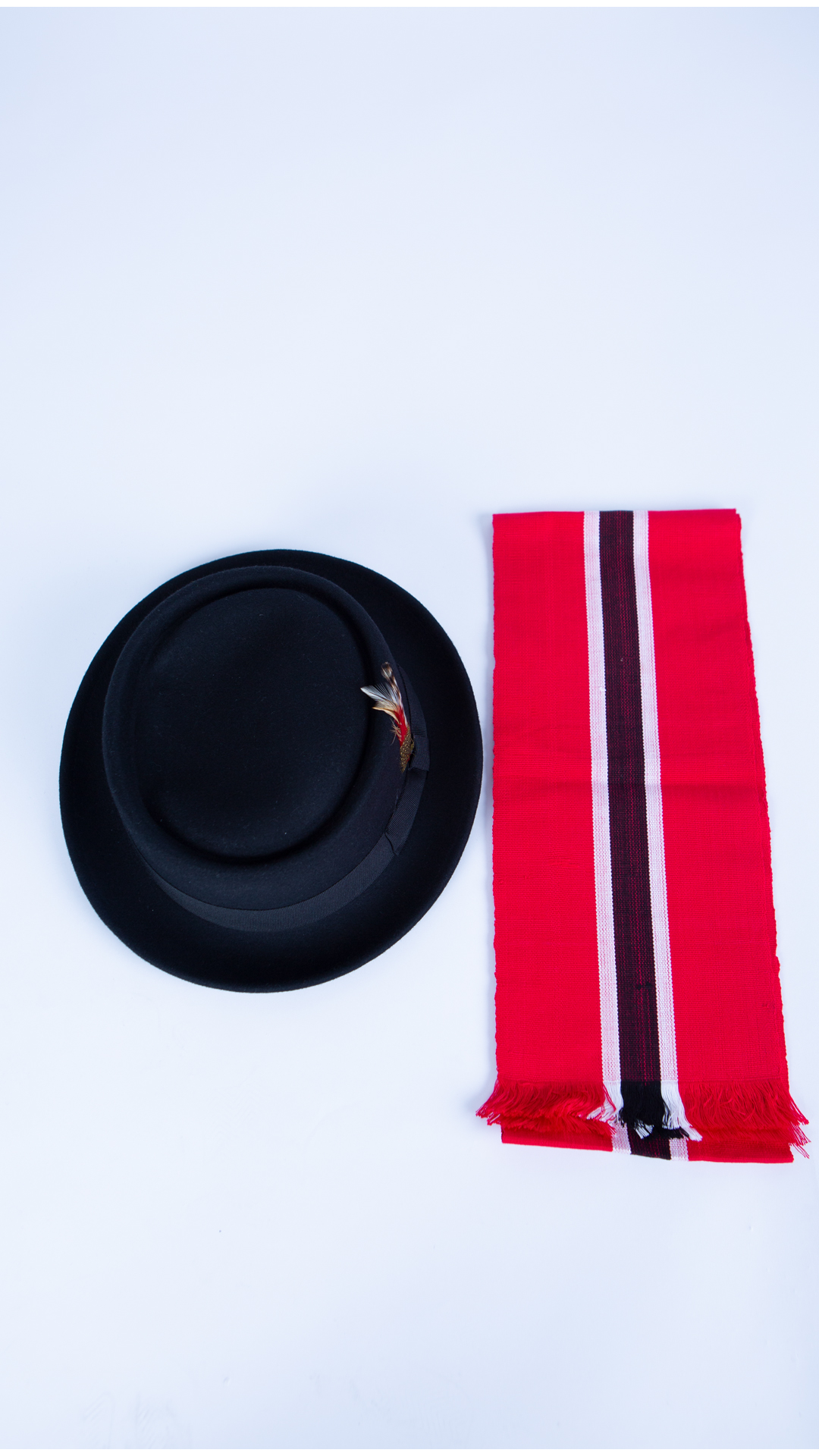 Wool Pork Pie Hat with Feather and Trinidad Muffler
