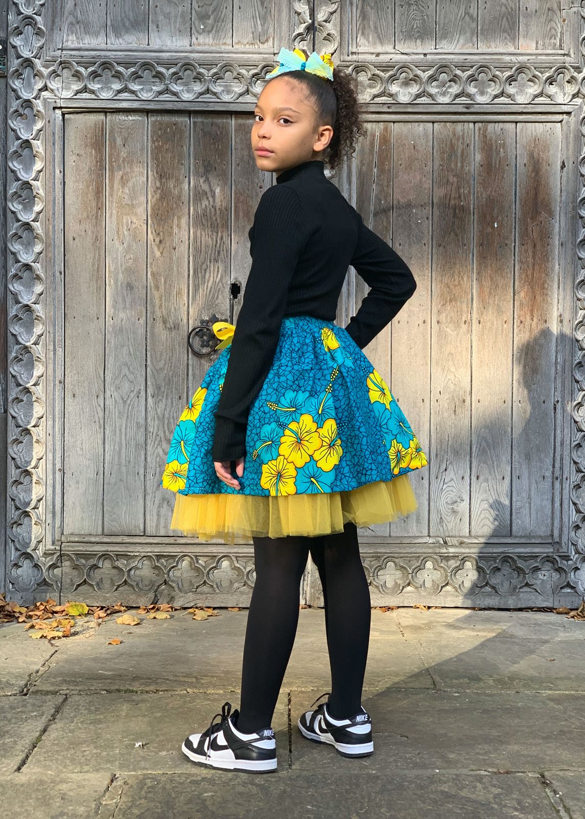 Beautiful Bola Blue Floral Ankara Kids Bow & Skirt Set - Image 3