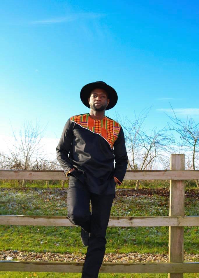 Mixed Kente Print Black Polished Cotton Shirt