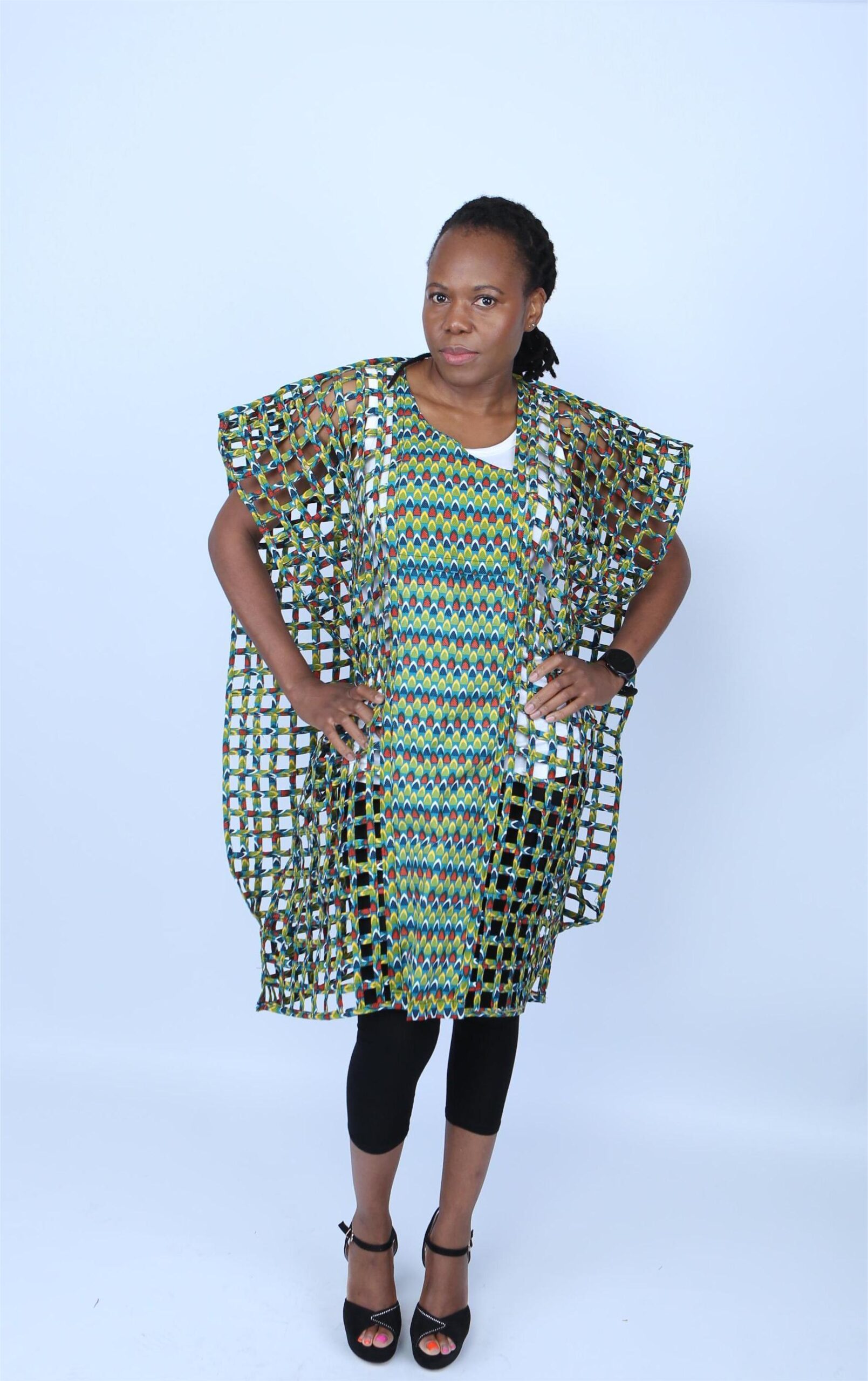 Green Ankara Weaved Short-Sleeve Net Dress - Afrima - Image 2