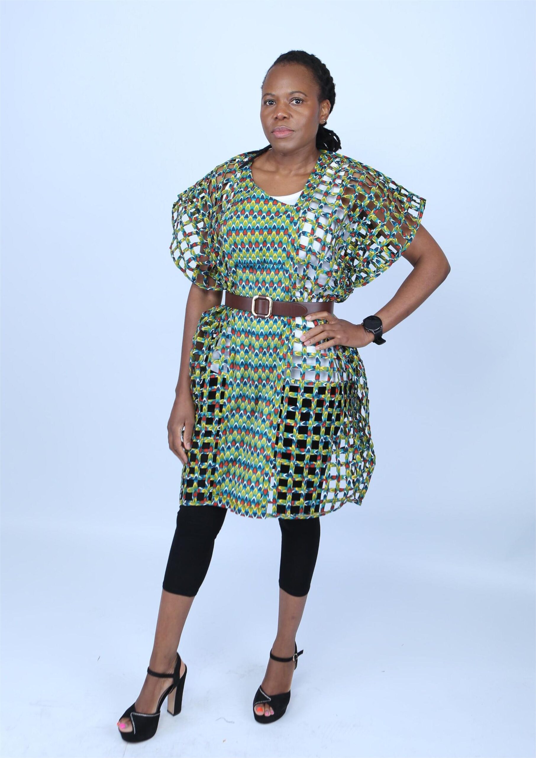 Green Ankara Weaved Short-Sleeve Net Dress - Afrima - Image 3