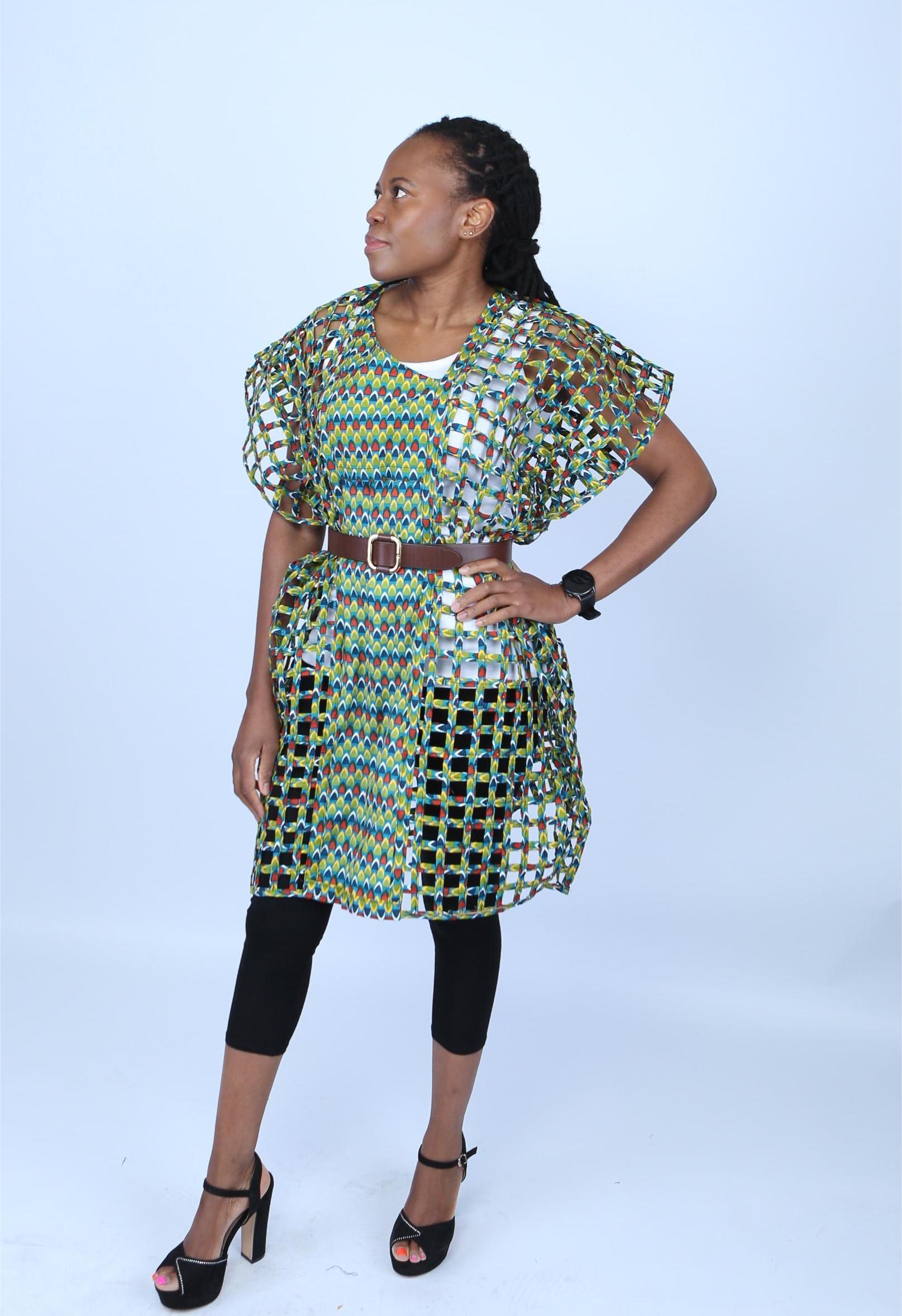 Green Ankara Weaved Short-Sleeve Net Dress - Afrima - Image 4