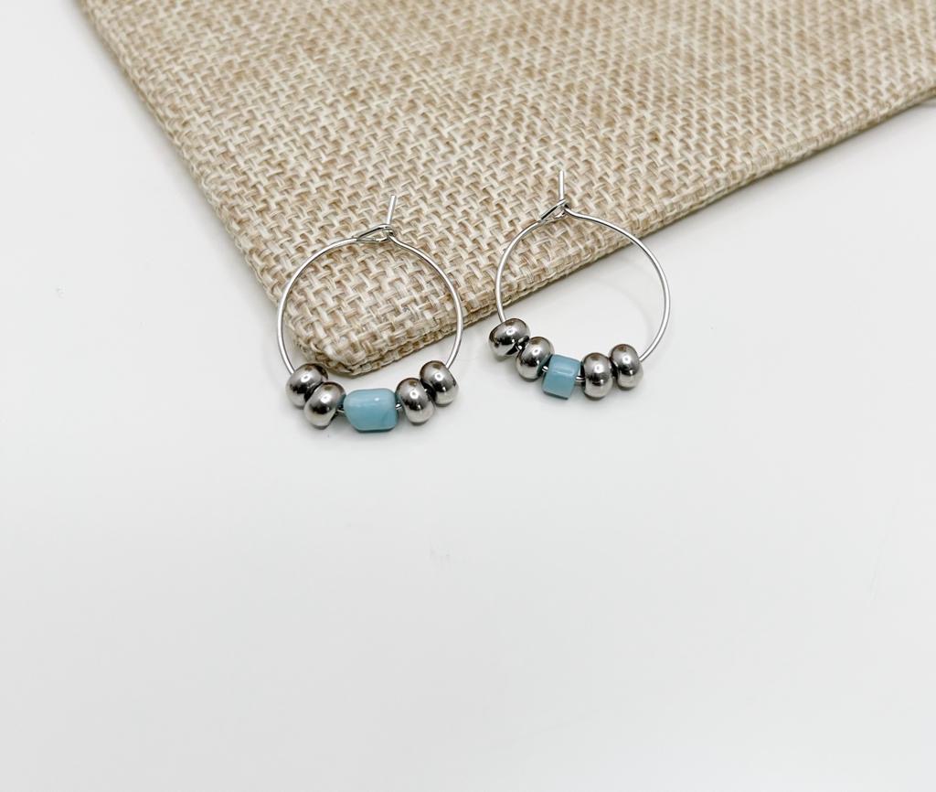 Yonas Blue Silver Long Dangle Round Hoop Earrings