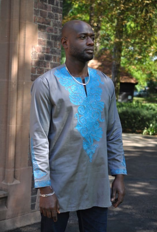 Grey & Turquoise Embroidered Shirt - Image 4