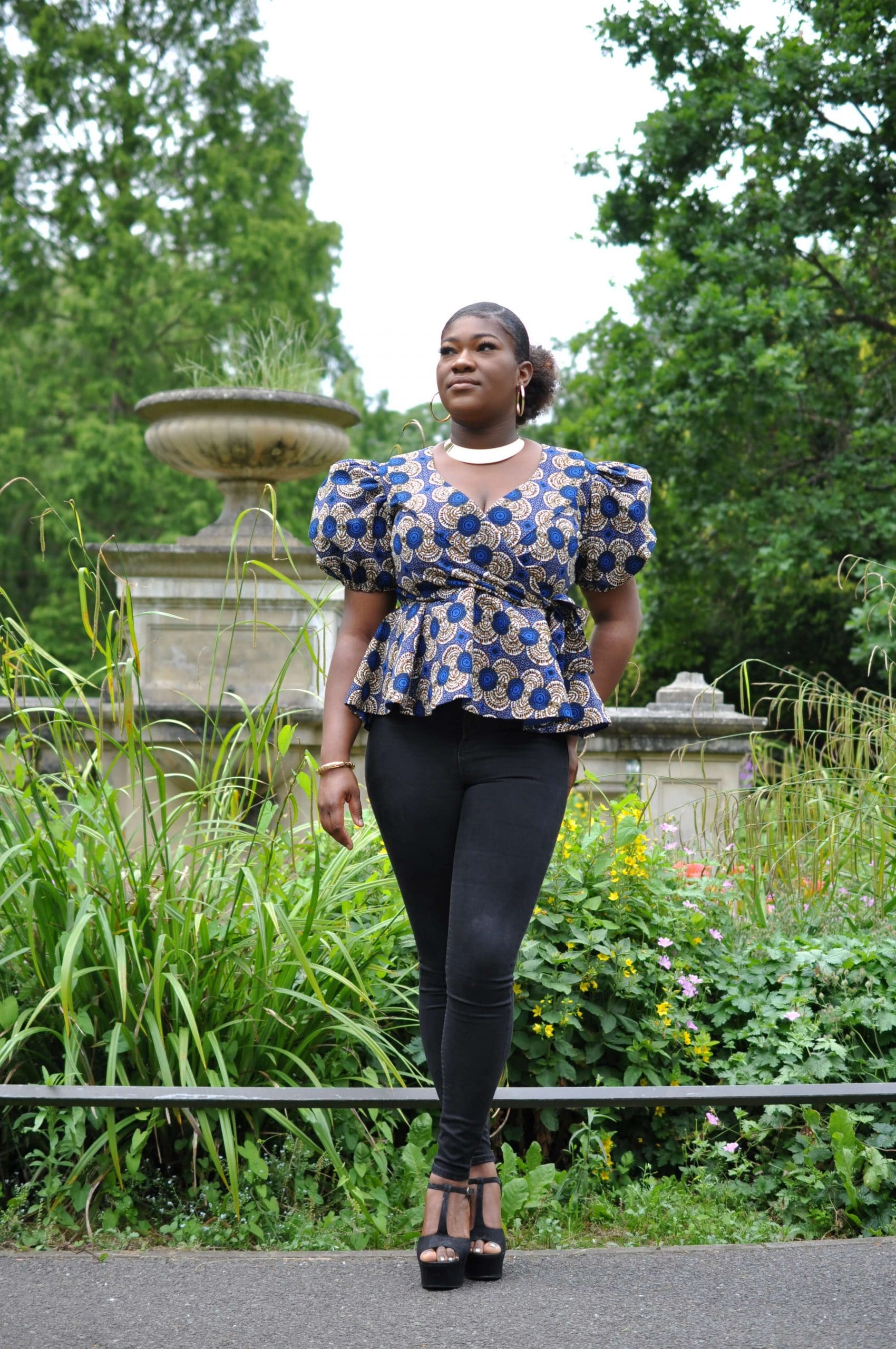 Silver & Blue African Print Tie Waist Peplum Top