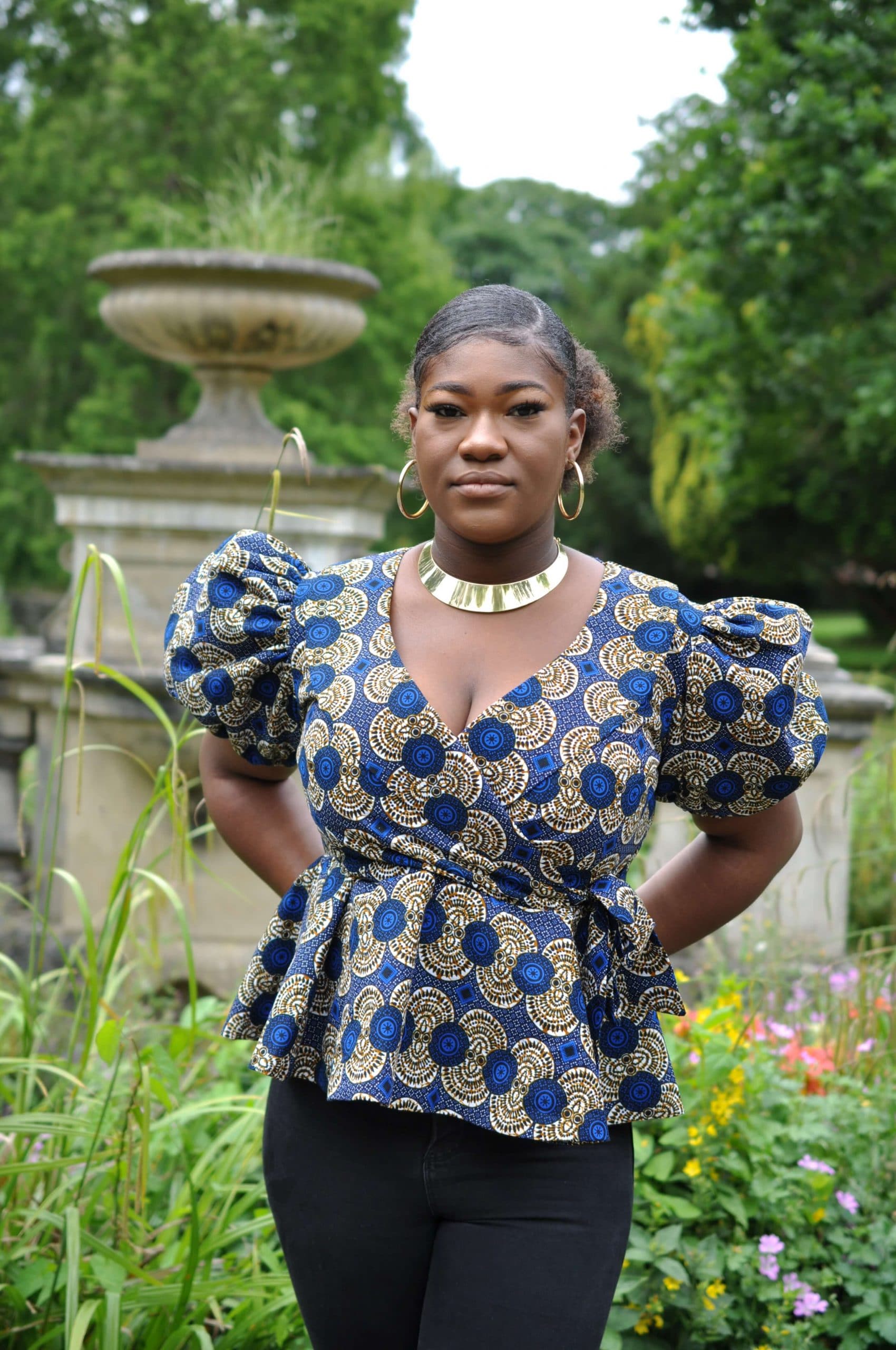 Silver & Blue African Print Tie Waist Peplum Top - Image 2