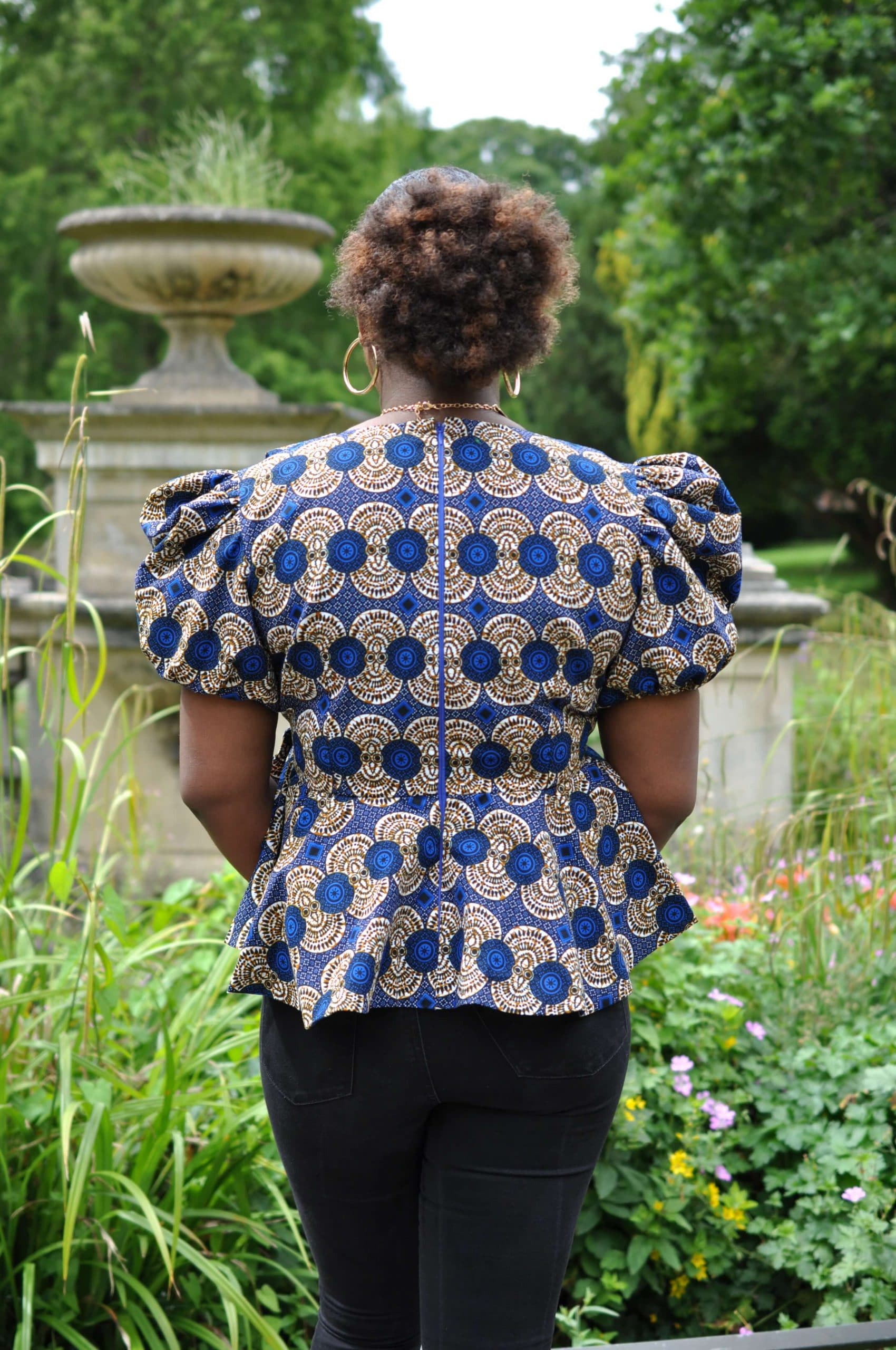 Silver & Blue African Print Tie Waist Peplum Top - Image 3