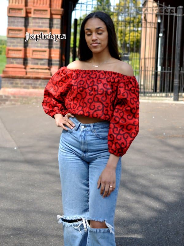 Ravishing Red Ankara African Print Off Shoulder Crop Top - Image 2