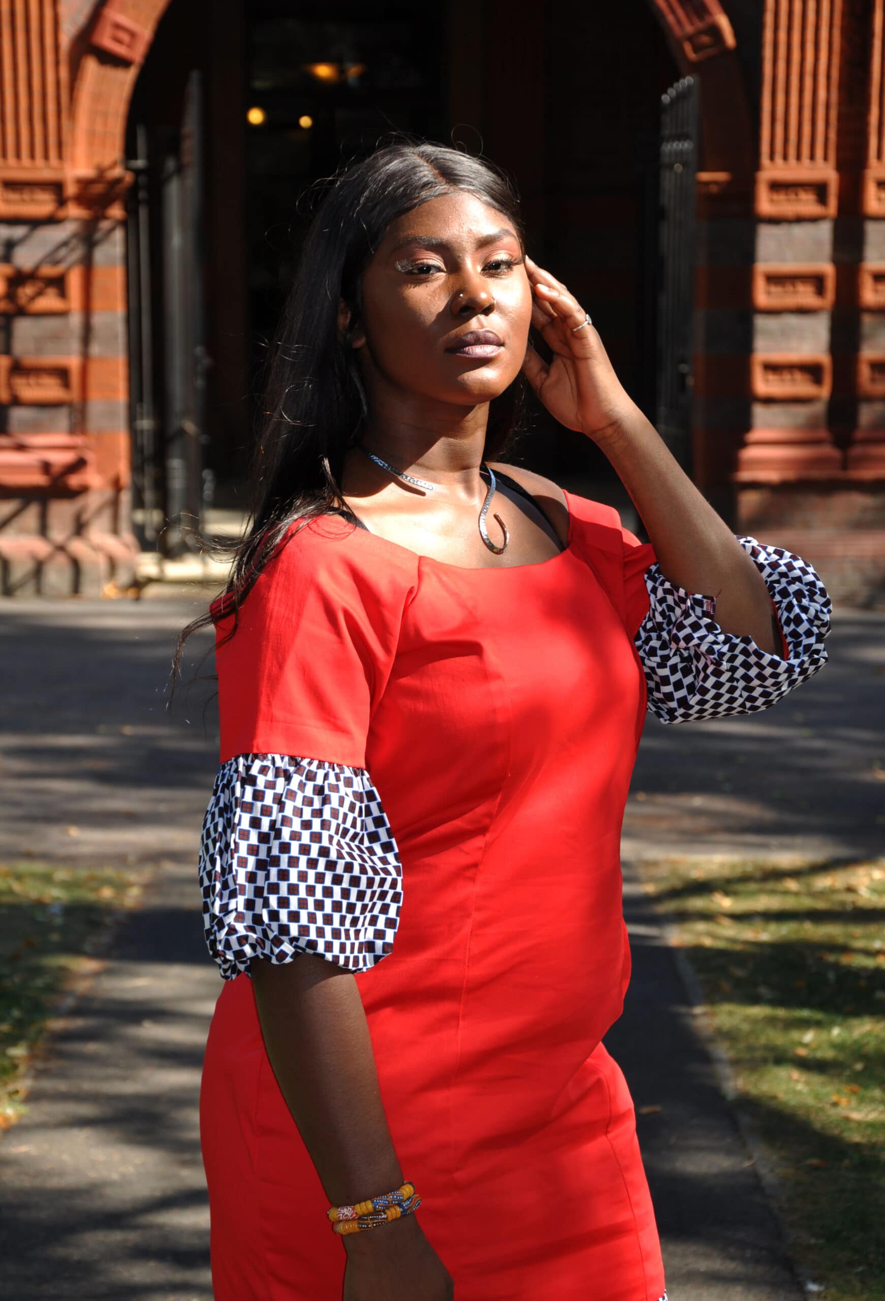 Red Polished Cotton Ankara Checker Dress - Image 3