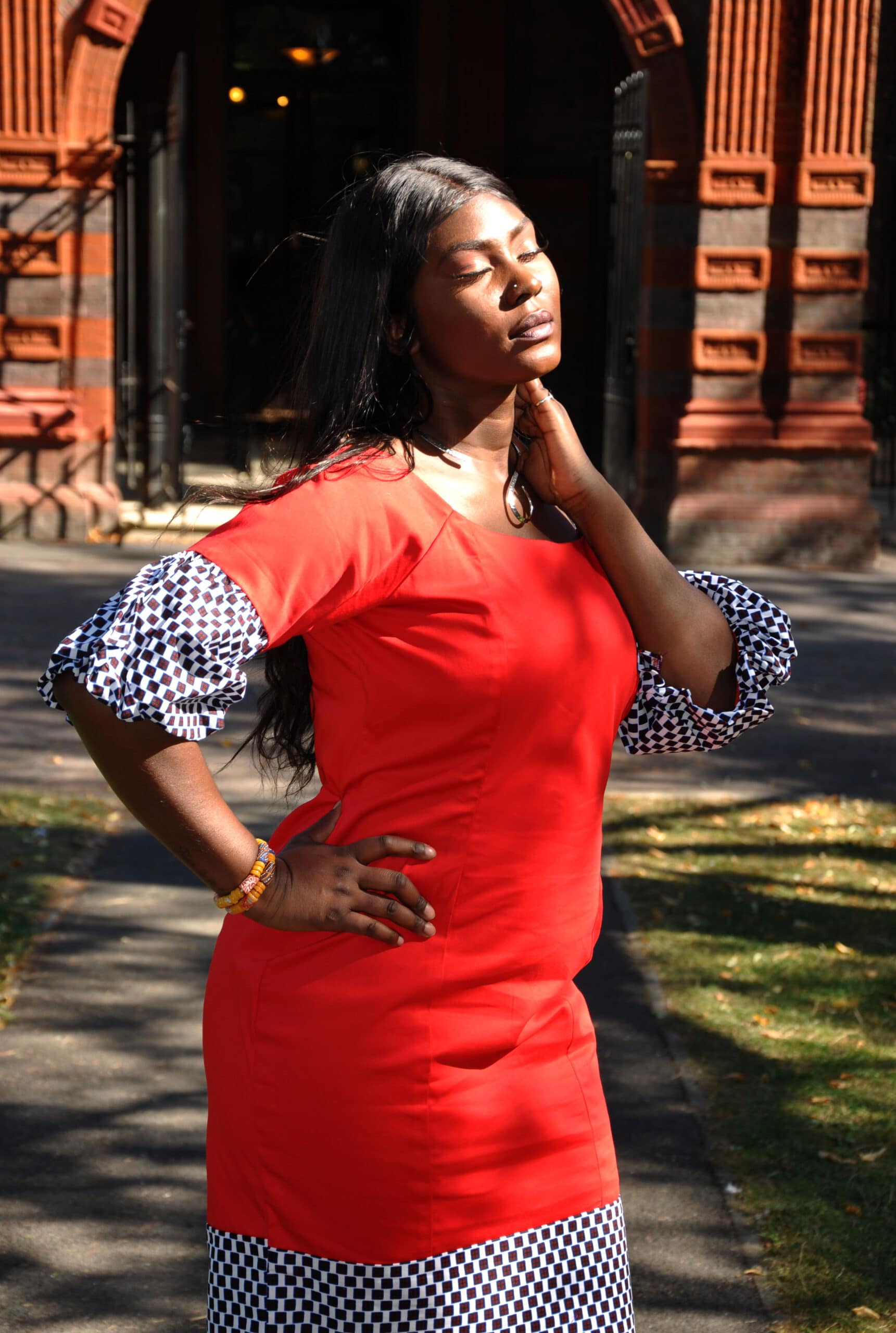 Red Polished Cotton Ankara Checker Dress - Image 4
