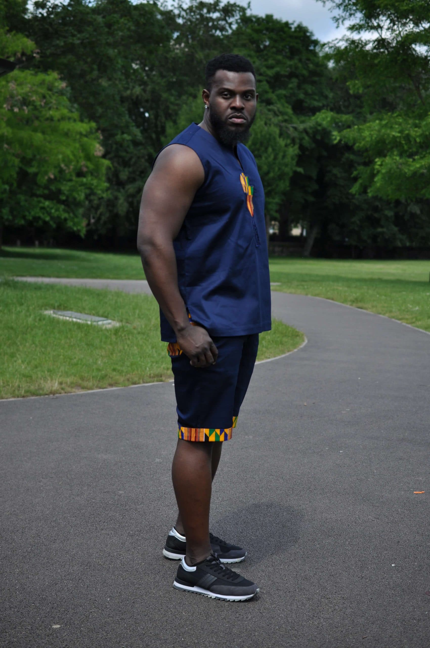 Blue & African Print Trim Short Pants Matching Set / Co-ord - Image 7