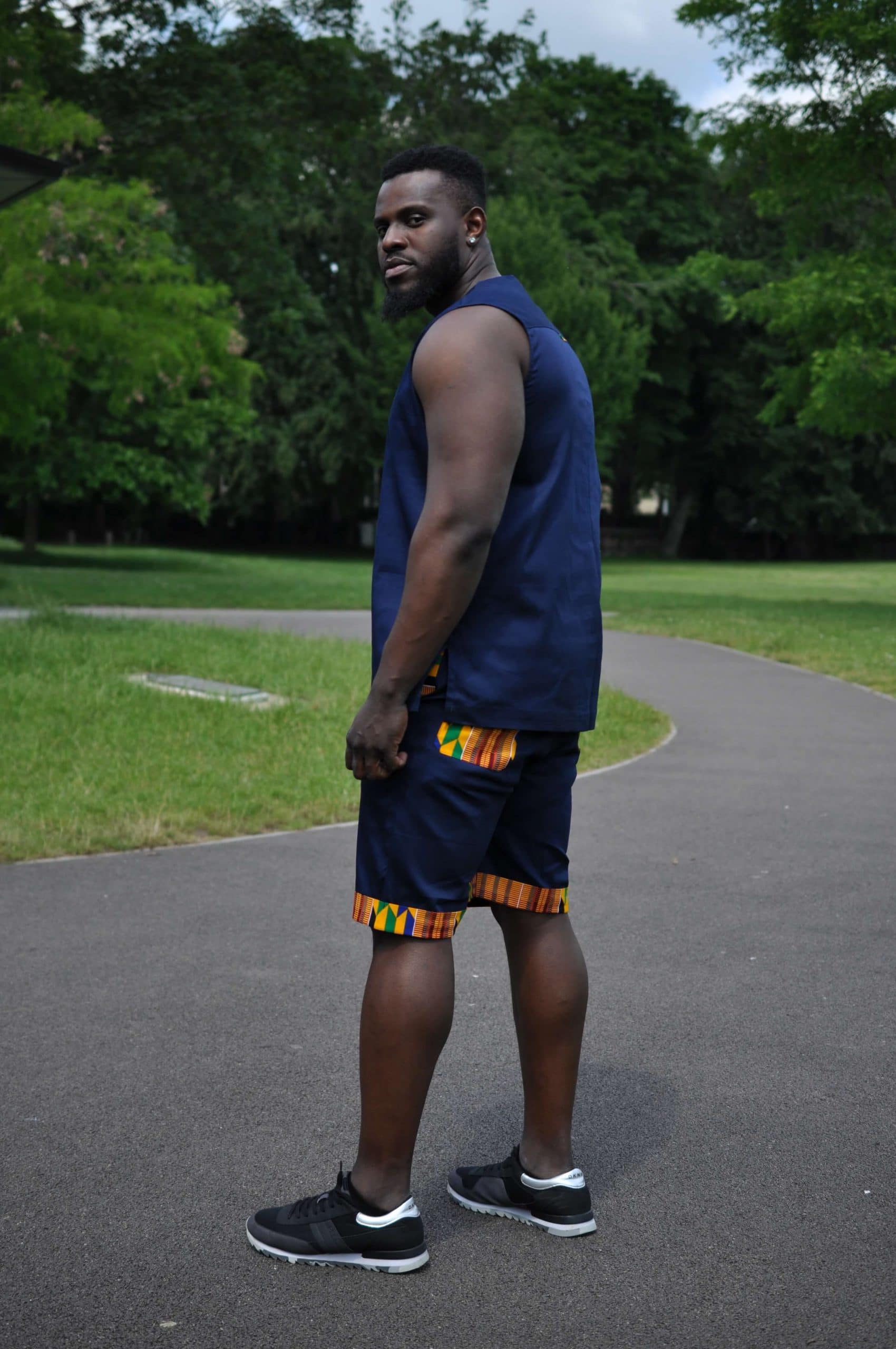Blue & African Print Trim Short Pants Matching Set / Co-ord - Image 4