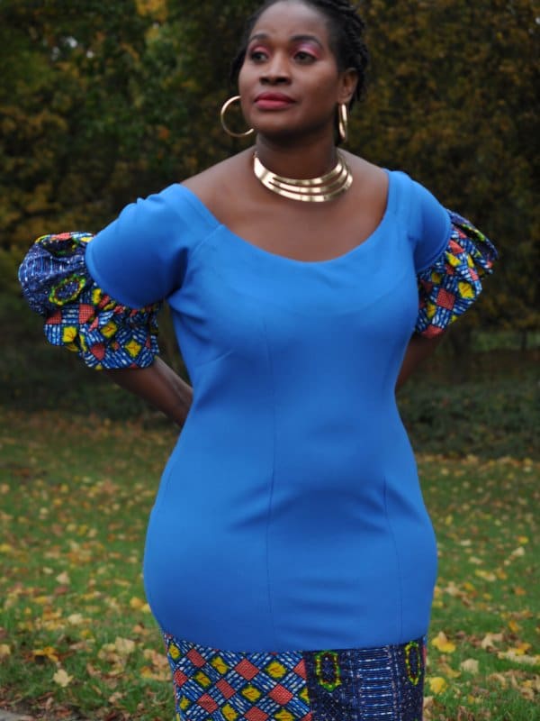 Blue Bodycon Ankara Hem Dress - Image 2