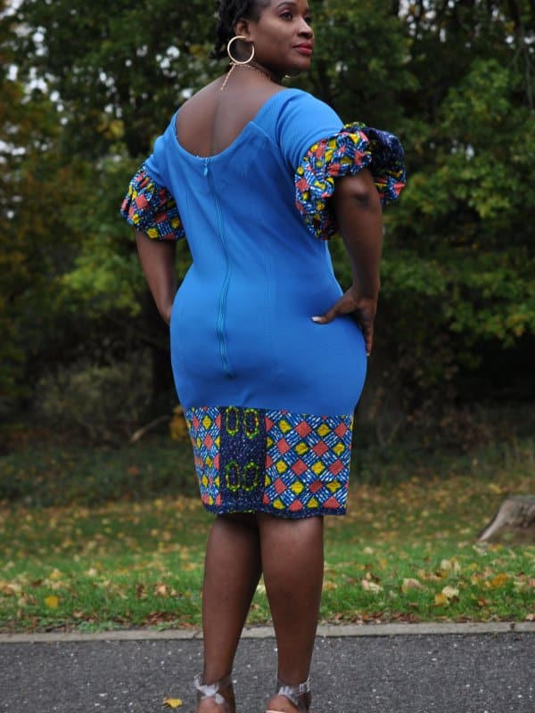 Blue Bodycon Ankara Hem Dress - Image 3