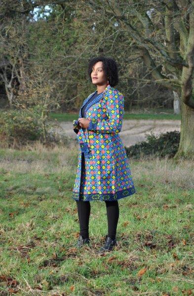 African Ankara Blue & Multi Midi Length Tie-up Coat - Image 3