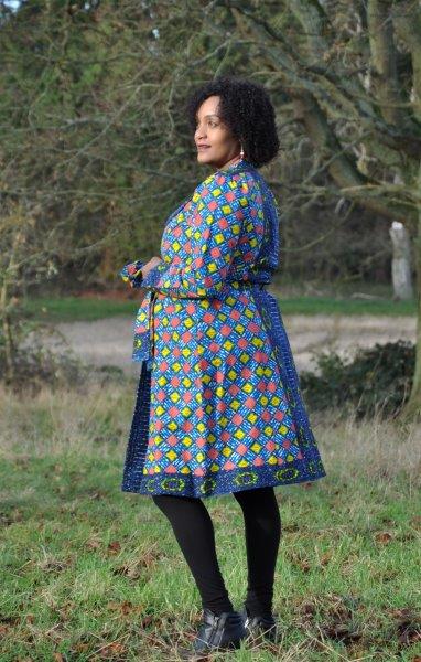African Ankara Blue & Multi Midi Length Tie-up Coat - Image 4