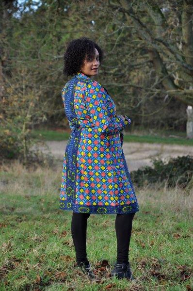 African Ankara Blue & Multi Midi Length Tie-up Coat - Image 5