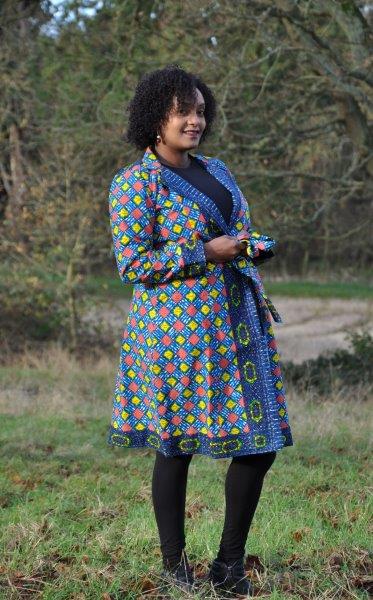 African Ankara Blue & Multi Midi Length Tie-up Coat