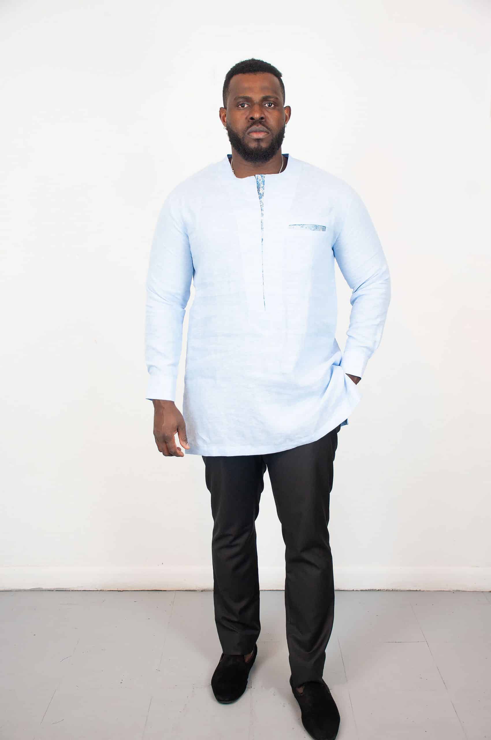 Yaro Light Blue Long Sleeve Linen Polo Shirt