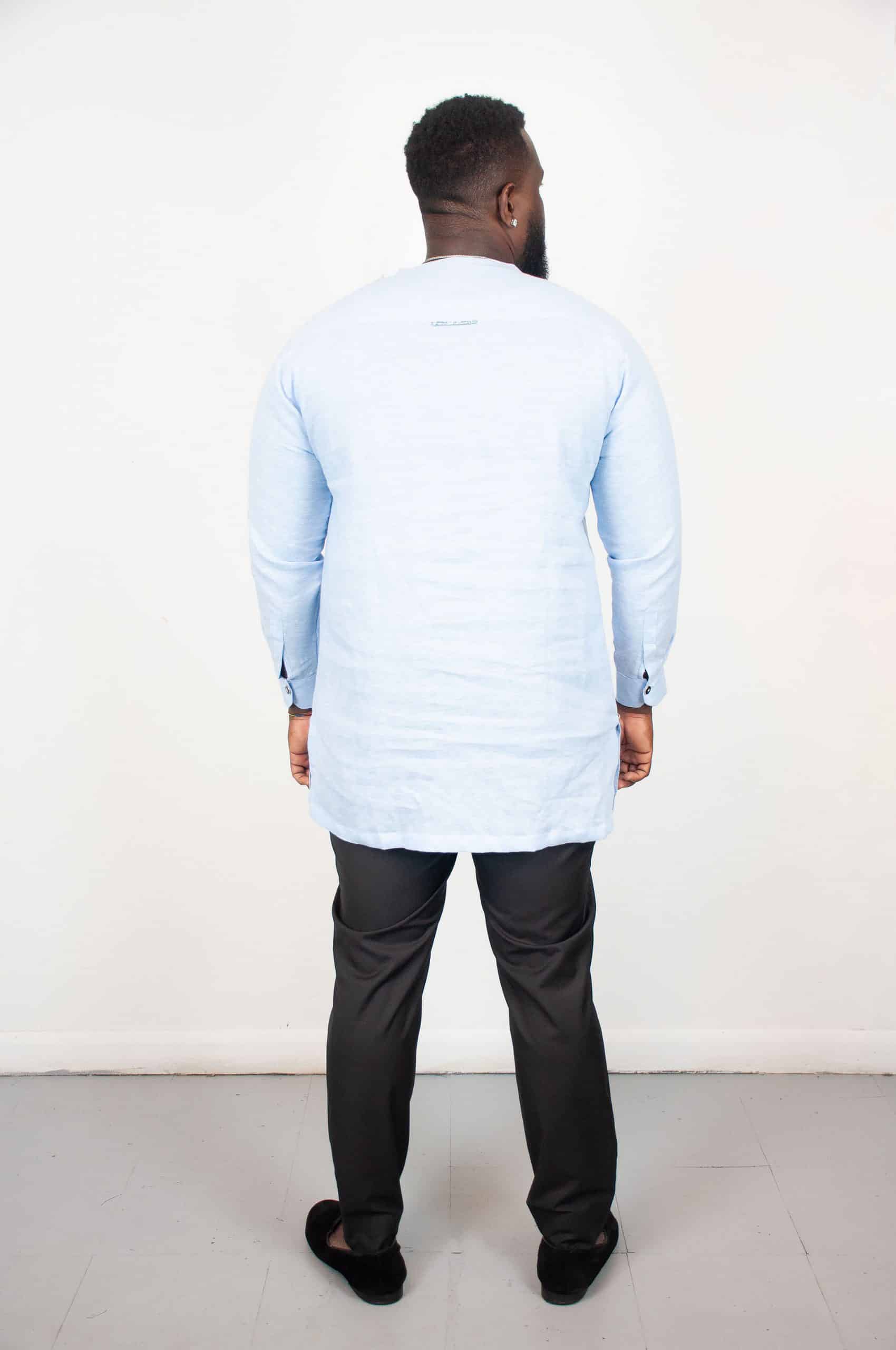 Yaro Light Blue Long Sleeve Linen Polo Shirt - Image 2