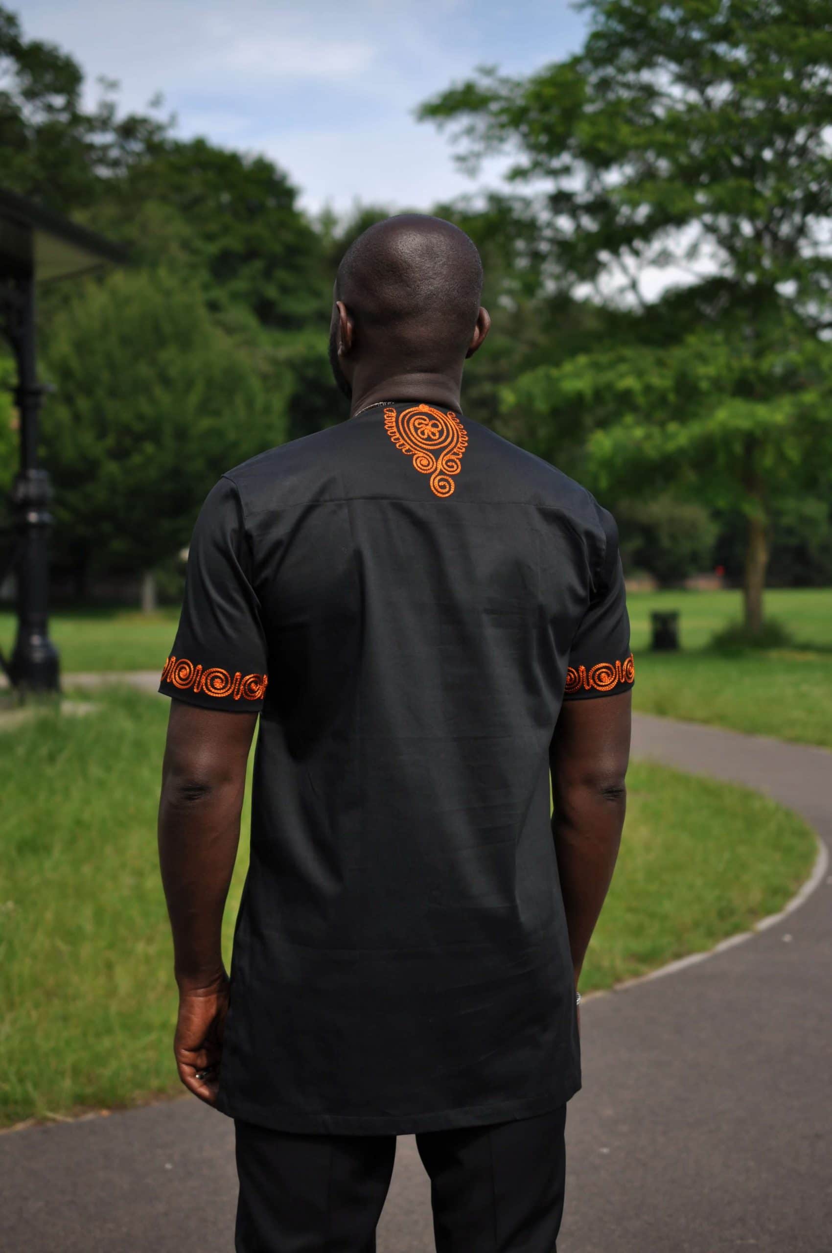 Akwesi Men's Black & Orange Embroidery Shirt - Image 3