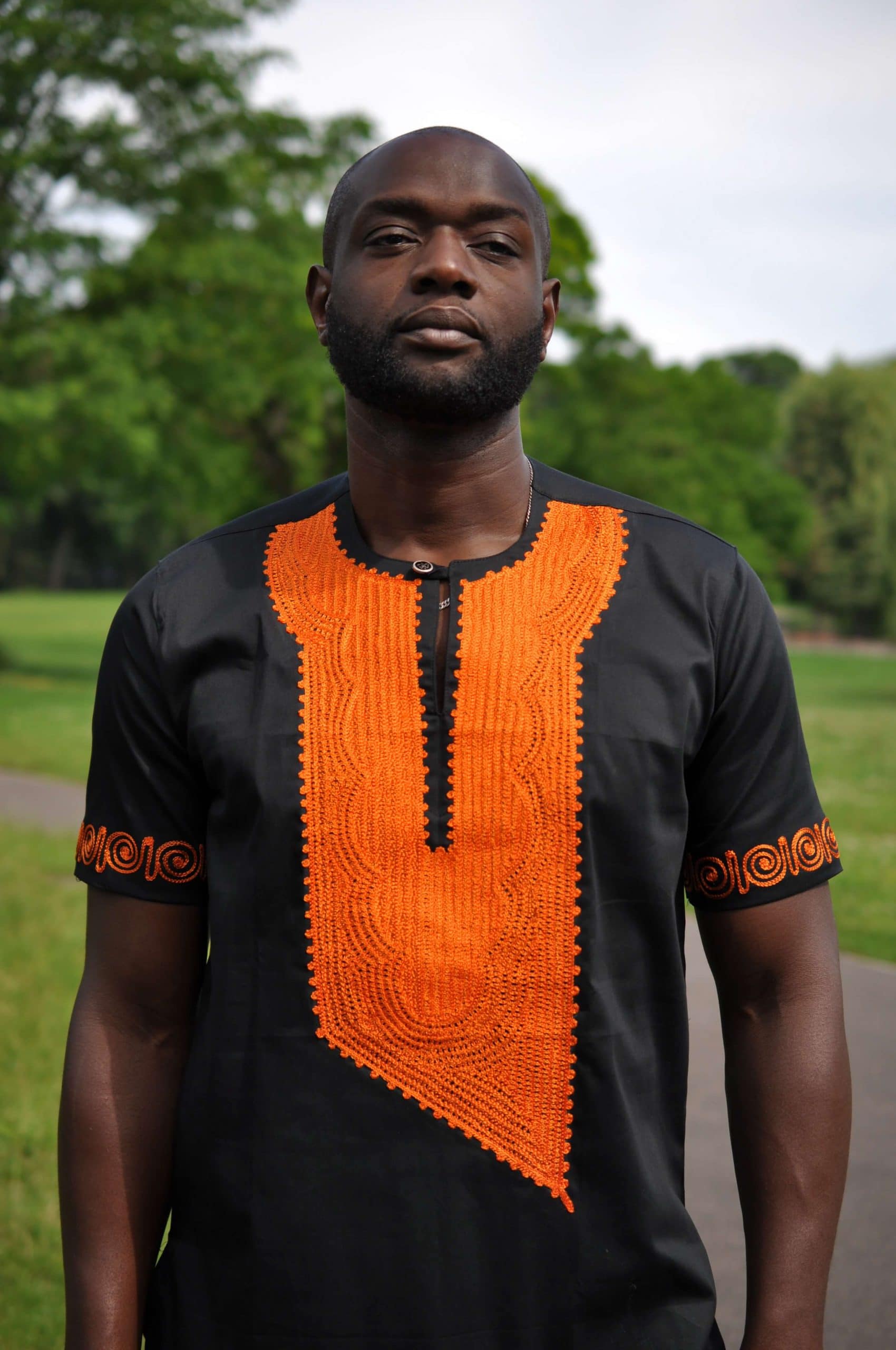 Akwesi Men's Black & Orange Embroidery Shirt - Image 2