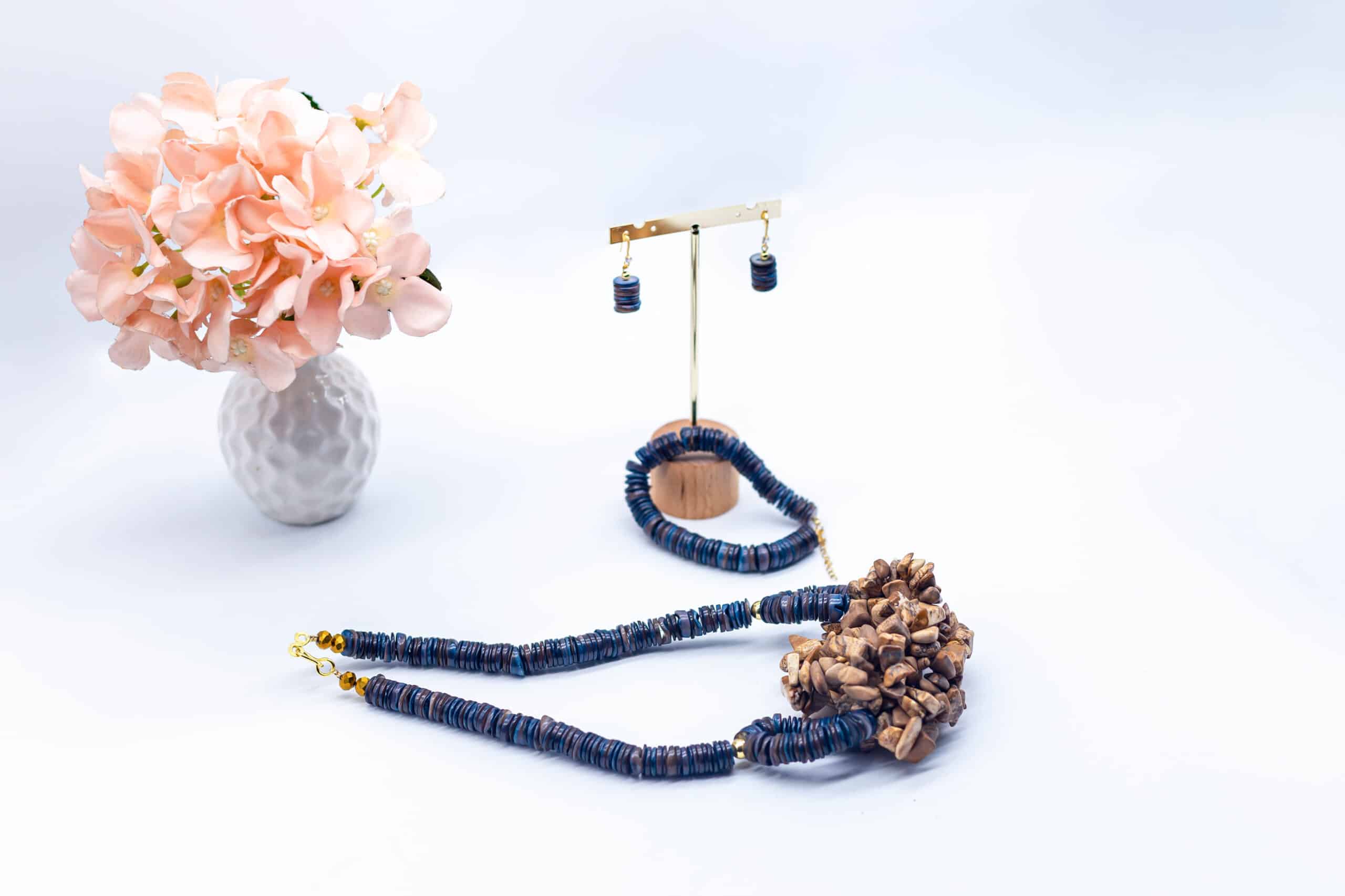 Omp Navy Blue and Brown Wooden Beaded Necklace Set - Image 2