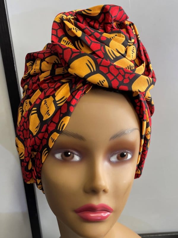 Red & Yellow African Print Knot Beautiful Head Wrap Turban - Image 3