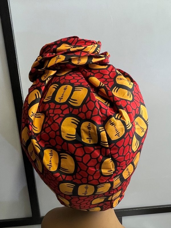 Red & Yellow African Print Knot Beautiful Head Wrap Turban - Image 2