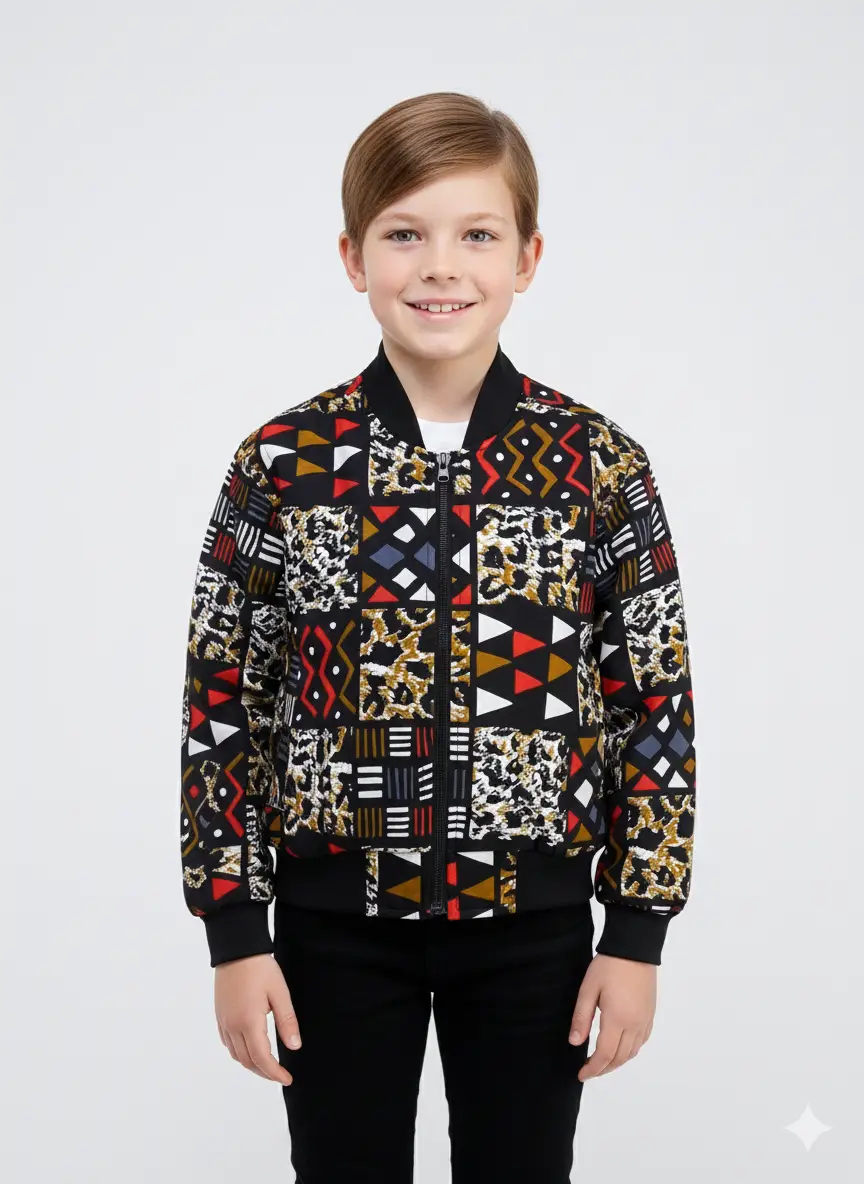 Kids Unisex Deka African Print Bomber Jacket - Image 2