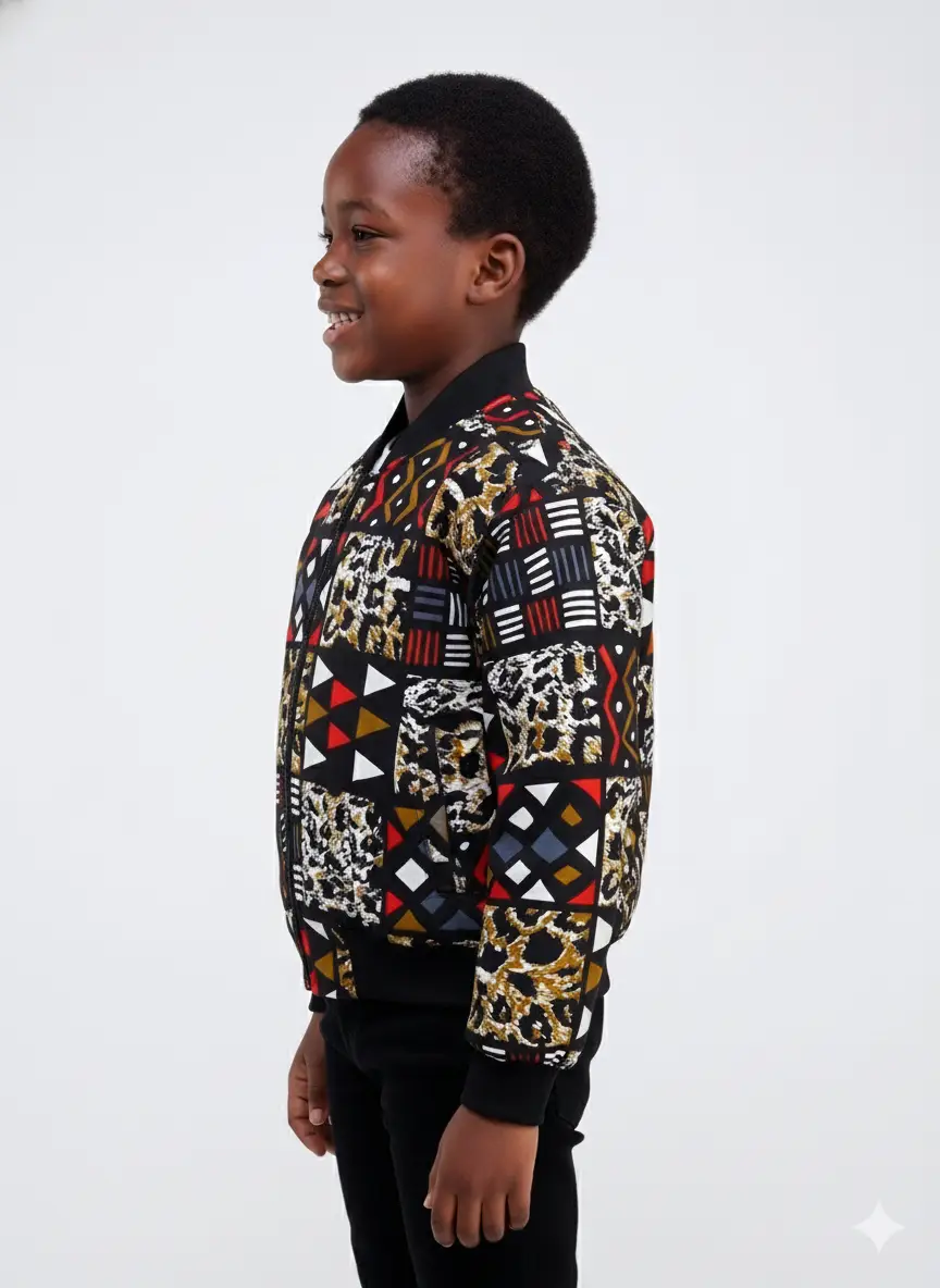 Kids Unisex Deka African Print Bomber Jacket - Image 3