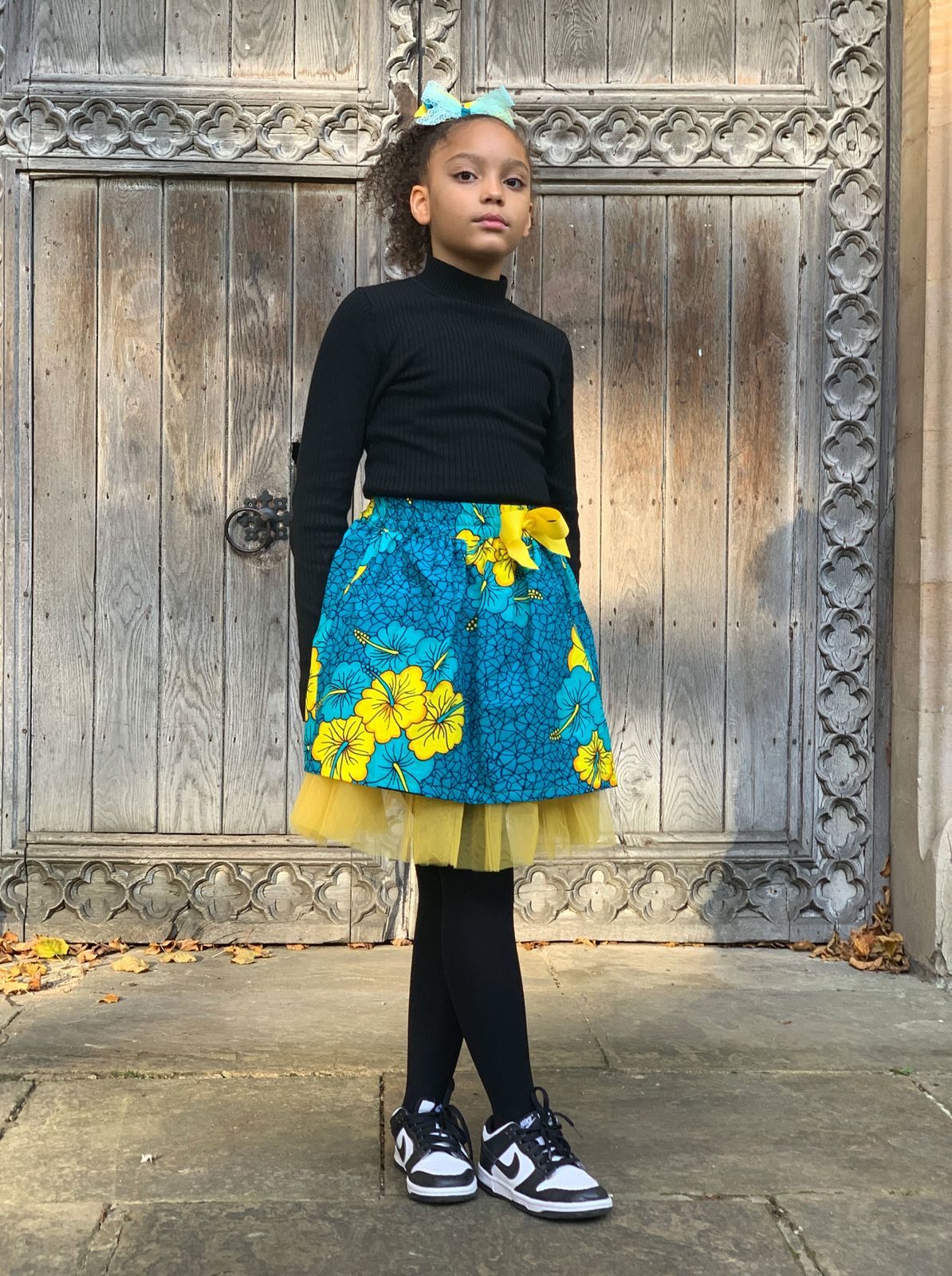 Beautiful Bola Blue Floral Ankara Kids Bow & Skirt Set - Image 4
