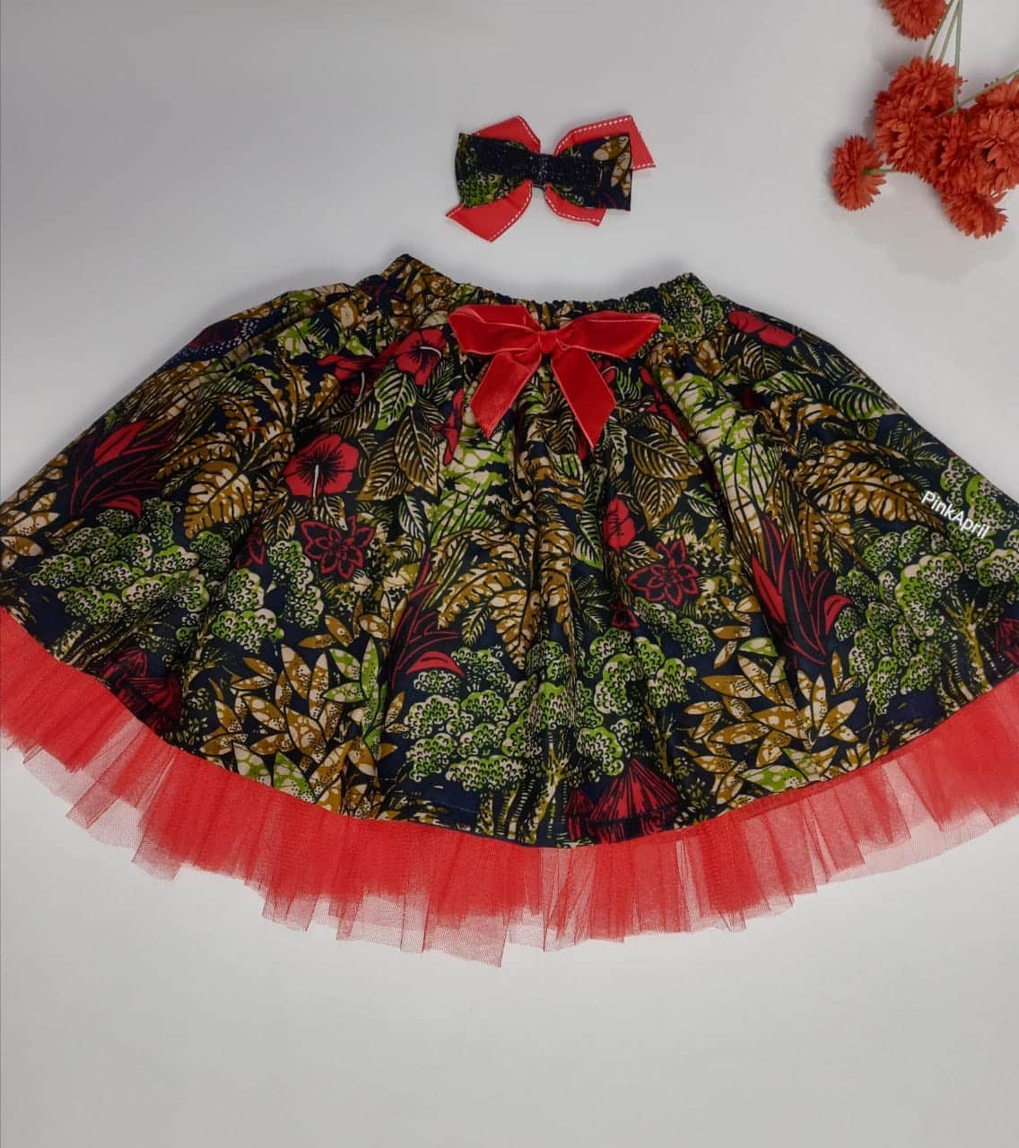 Beautiful Hoyam Red Multi Ankara Kids Bow & Skirt Set