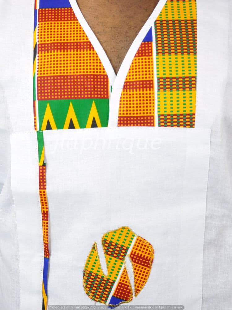 Short Sleeve White & Kente Linen Shirt - Image 5