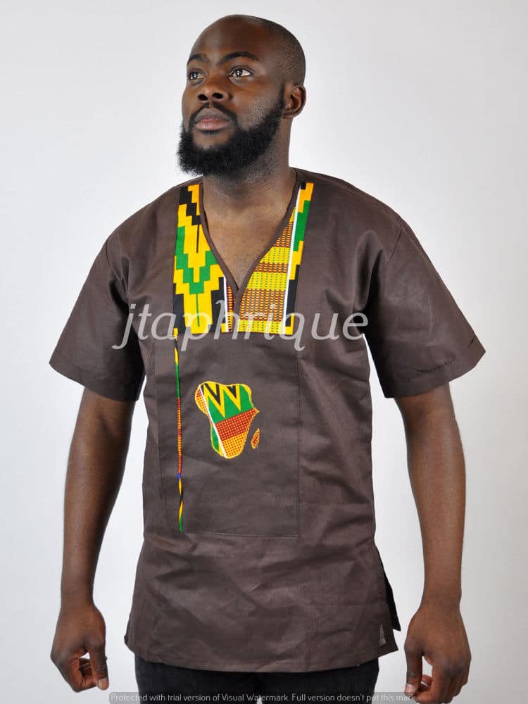 Short Sleeve White & Kente Linen Shirt - Image 3