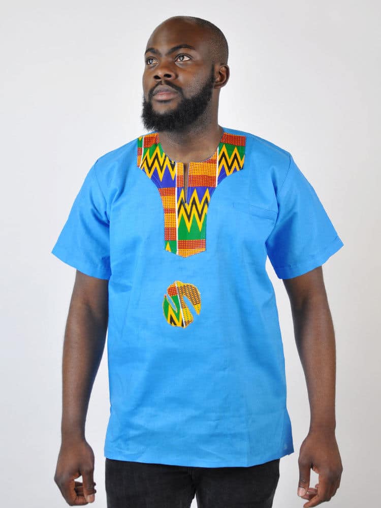 Short Sleeve White & Kente Linen Shirt - Image 2
